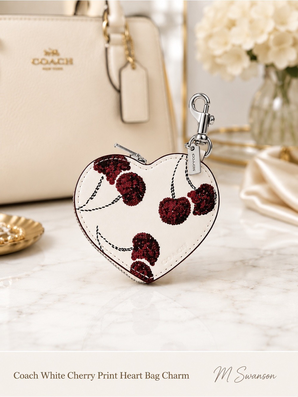 NEW Coach White Cherry Print Heart Bag Charm Coin Case NWT | CDB55